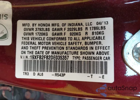 2013 Honda Civic Ex z USA, uszkodzony, nr VIN 19XFB2F82DE035357